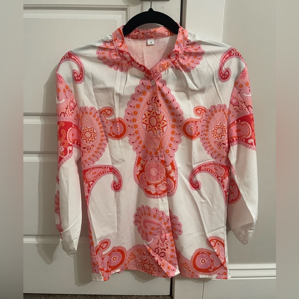 BoHo style, paisley print, button-down, long sleeve, size small blouse